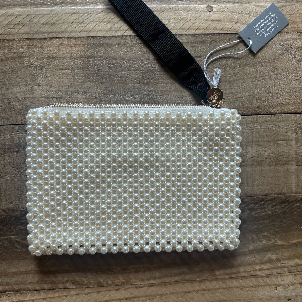 Cream Beaded Wristlet Clutch with Silver Zipper